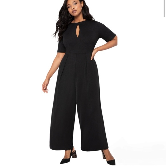 Eloquii Black Jumpsuit Wide Leg Size 16 Side Pockets Key Hole Front - Picture 1 of 12